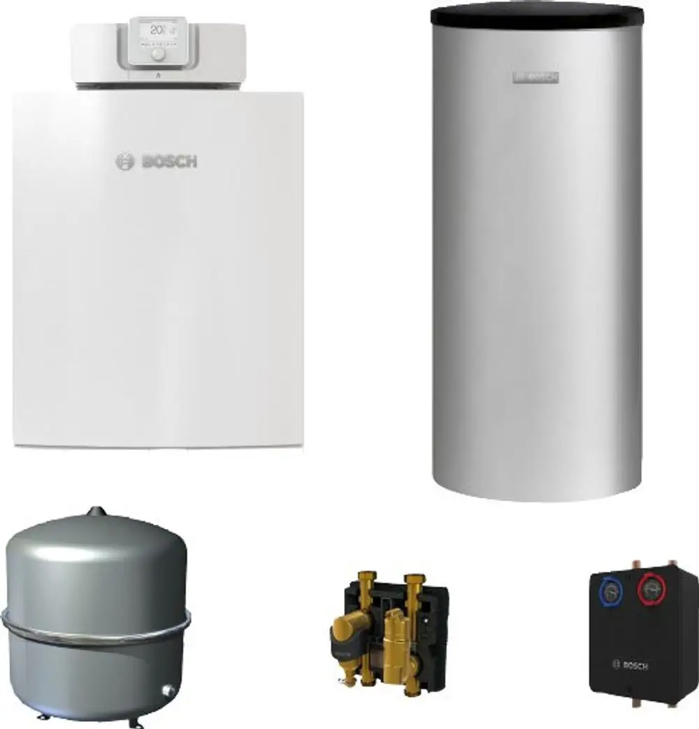BOSCH Heizgerät mit Steuereinheit, darunter ein silberner Warmwasserspeicher, ein Druckbehälter, ein Ventilblock und ein Anschlussfeld auf schwarzem Hintergrund.